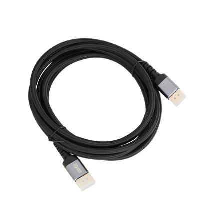 Lumivida DisplayPort 2.1 2M cable coiled, showing the nylon braid and gold-plated connectors