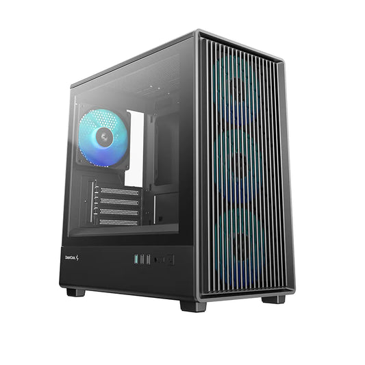 DeepCool CC350 4F Micro-ATX Case - Black - three-quarter view with ARGB fans lit