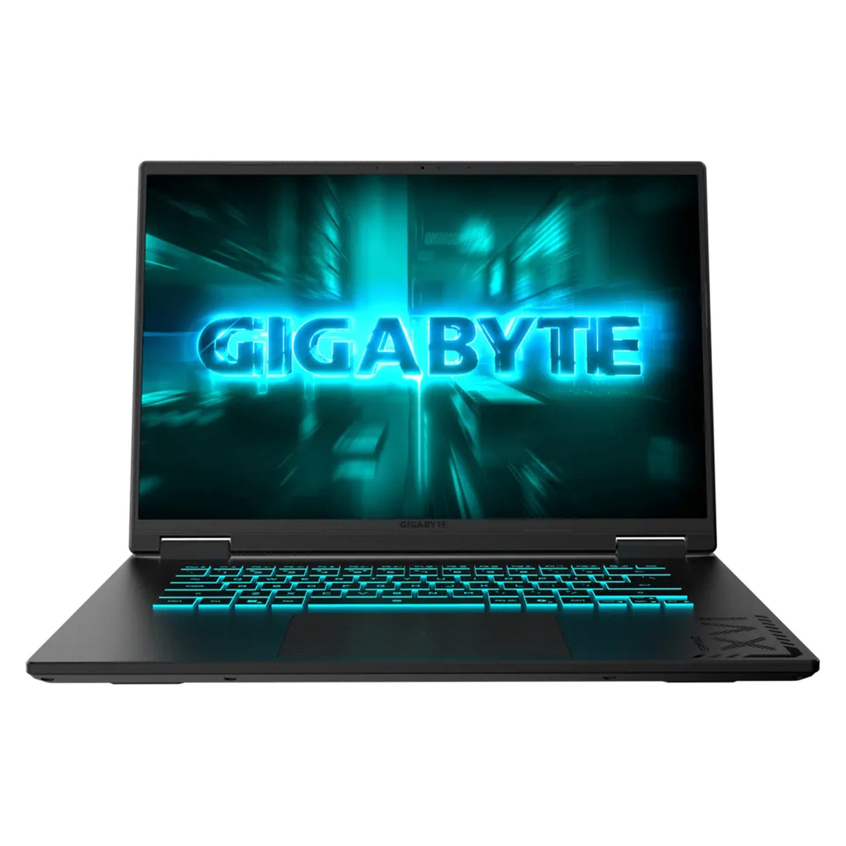 GIGABYTE Gaming A16 3THK3AU893SH gaming laptop, front view with the 16-inch screen lit