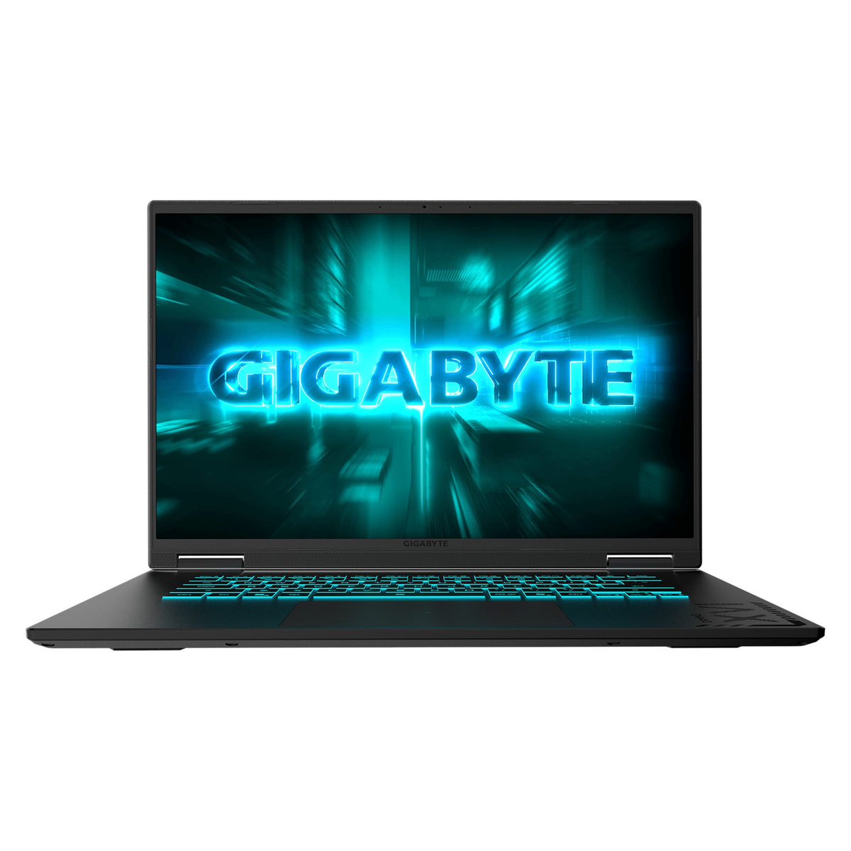 GIGABYTE Gaming A16 3VHK3AUC94SH gaming laptop, front view with the 16-inch screen lit