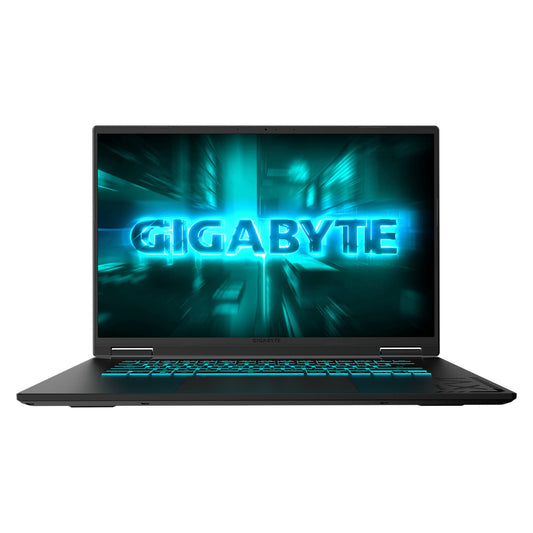 GIGABYTE Gaming A16 3VHK3AUC94SH gaming laptop, front view with the 16-inch screen lit