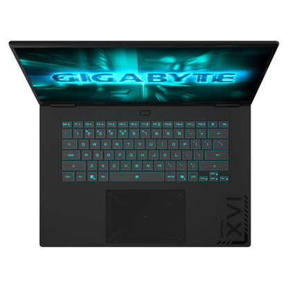 GIGABYTE Gaming A16 3VHK3AUC94SH gaming laptop, top-down view of the RGB backlit keyboard and trackpad