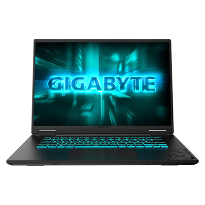 GIGABYTE Gaming A16 5VHP3AU893SH gaming laptop, front view with the 16-inch screen lit