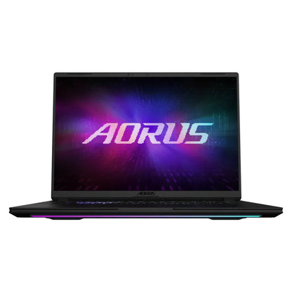 AORUS Master 16 6YJM5AUE64SH gaming laptop, front view with the 16-inch OLED screen lit