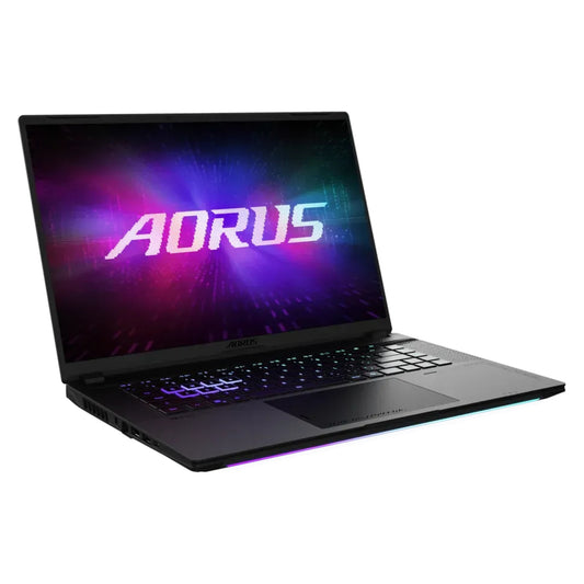 AORUS Master 16 6YJM5AUE64SH gaming laptop, three-quarter angle view showing the keyboard and OLED display