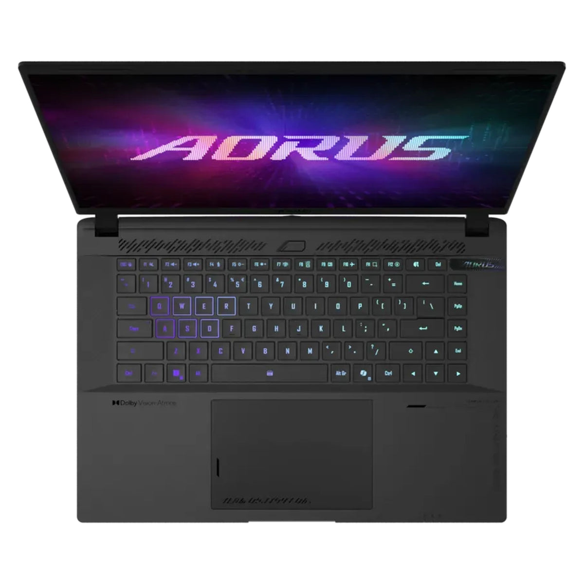AORUS Master 16 6YJM5AUE64SH gaming laptop, top-down view of the 3-zone RGB keyboard and trackpad