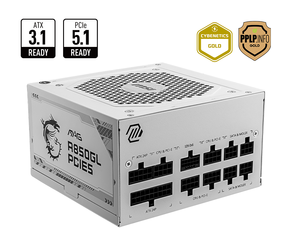 MSI MAG A850GL PCIE5 850W 80+ Gold ATX 3.0 Power Supply White