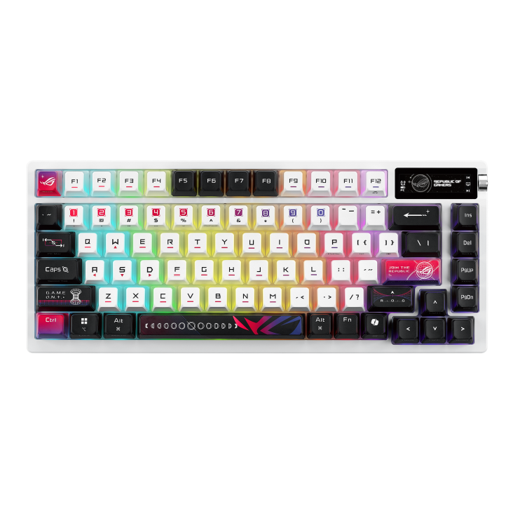 ROG Azoth X front view with the keyboard powered on