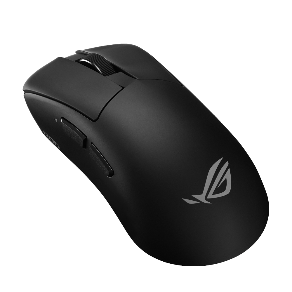 ASUS ROG Gladius IV Ace gaming mouse in black, angled three-quarter view showing the ROG logo on the palm rest and the side buttons