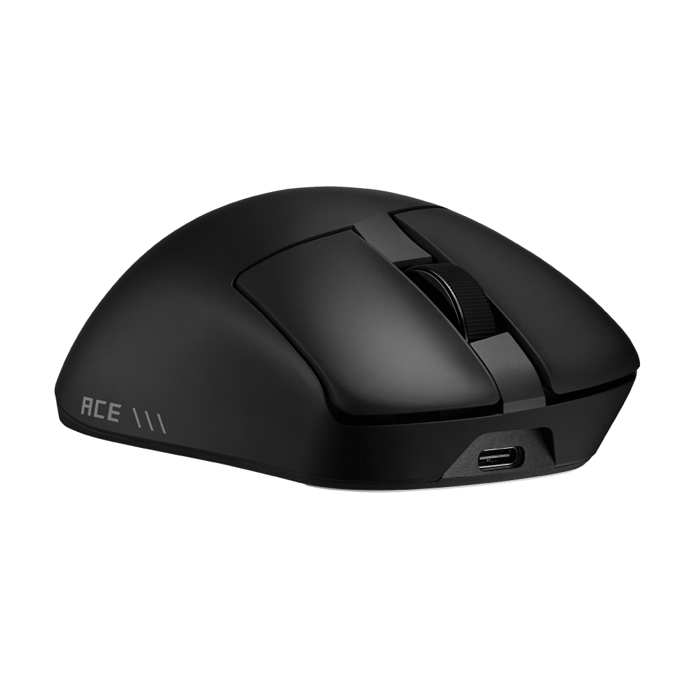 ROG Gladius IV Ace black gaming mouse, low angled front view showing the ACE III marking and USB-C port