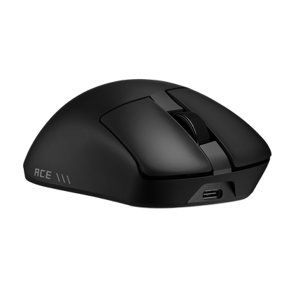 ROG Gladius IV Ace black gaming mouse, low angled front view showing the ACE III marking and USB-C port