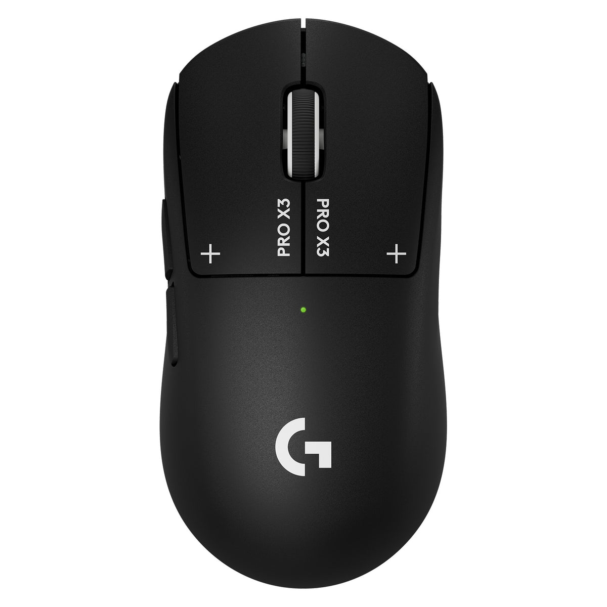 Logitech G PRO X3 SUPERSTRIKE wireless gaming mouse in Midnight Black, top view