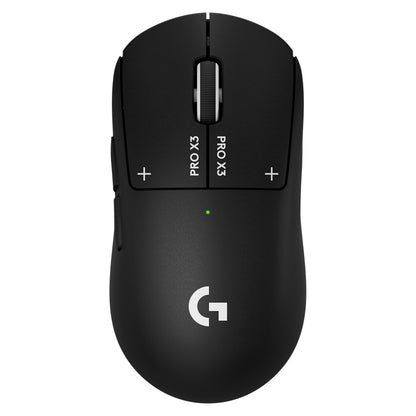Logitech G PRO X3 SUPERSTRIKE wireless gaming mouse in Midnight Black, top view