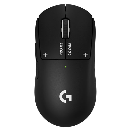 Logitech G PRO X3 SUPERSTRIKE wireless gaming mouse in Midnight Black, top view