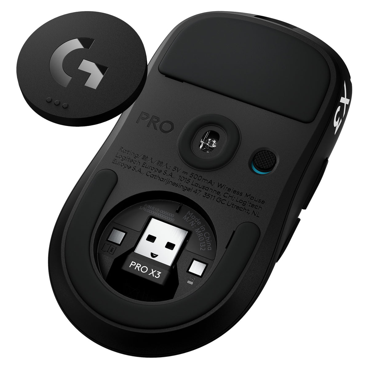 Logitech G PRO X3 SUPERSTRIKE Midnight Black, underside with the POWERPLAY aperture door