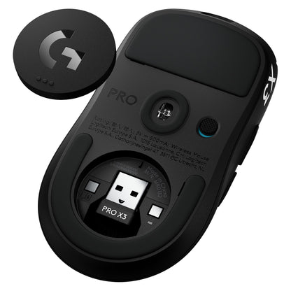 Logitech G PRO X3 SUPERSTRIKE Midnight Black, underside with the POWERPLAY aperture door