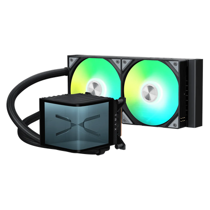 TRYX PANORAMA 240 ARGB Black AIO cooler, ARGB fans lit, three-quarter view