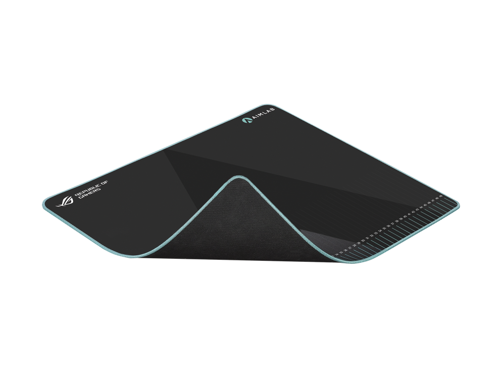 ROG Hone Ace Aim Lab Edition corner curled up to show the non-slip rubber base