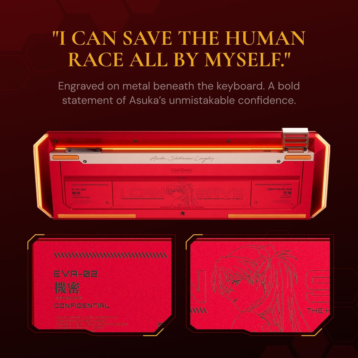 MelGeek x EVANGELION Centauri 60 Asuka Edition magnetic HE gaming keyboard in EVA-02 red with an aluminium case and rose gold knob