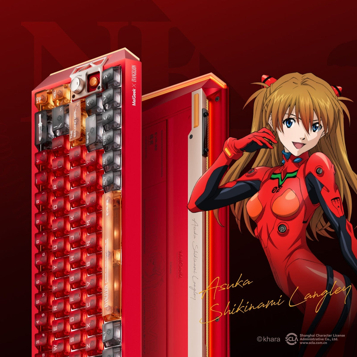 MelGeek x EVANGELION Centauri 60 Asuka Edition magnetic HE gaming keyboard in EVA-02 red with an aluminium case and rose gold knob