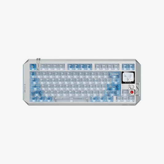 MelGeek x EVANGELION Centauri 80 Rei Edition magnetic HE gaming keyboard with Flip King of Magnetic White switches and a 326 PPI OLED touchscreen