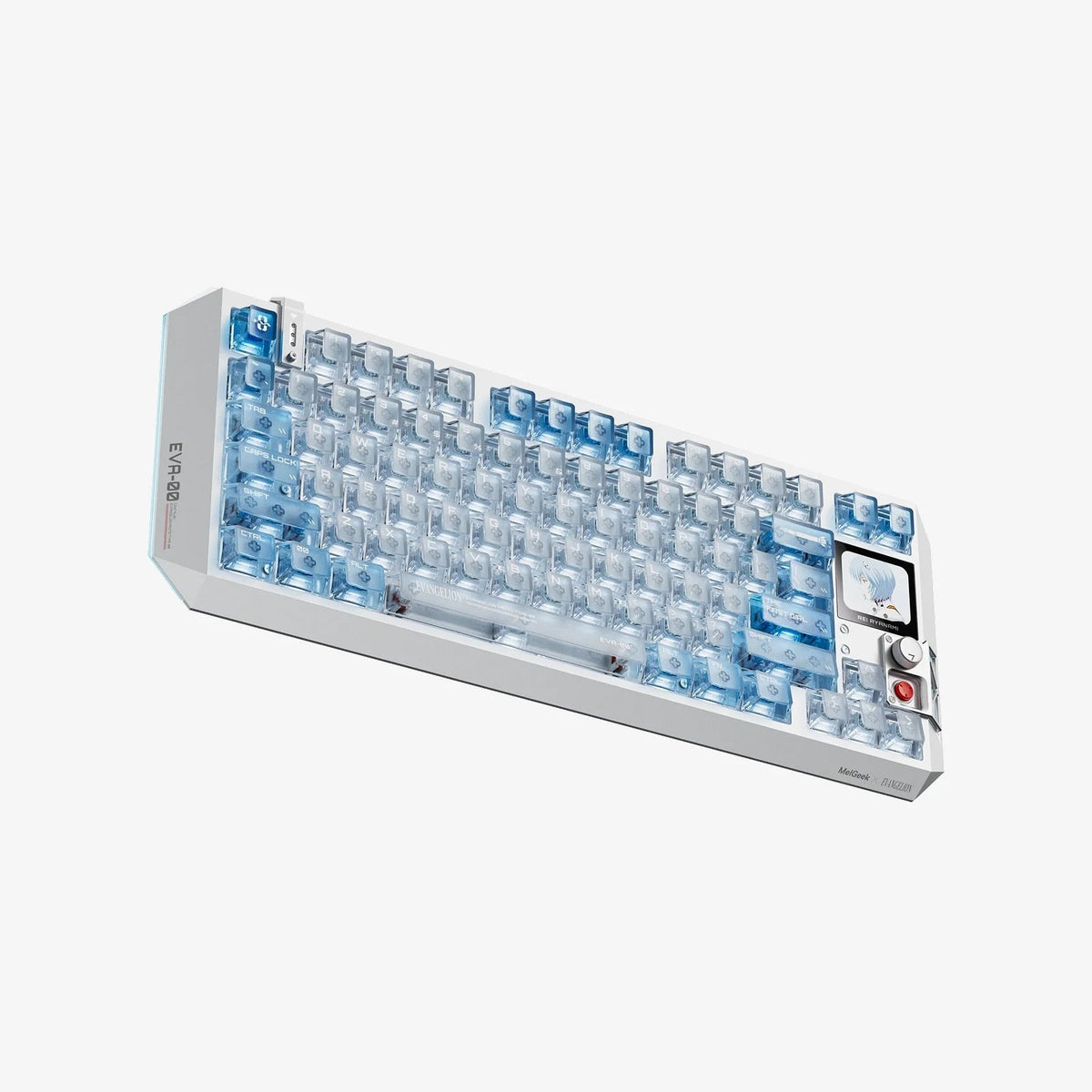 MelGeek x EVANGELION Centauri 80 Rei Edition magnetic HE gaming keyboard with Flip King of Magnetic White switches and a 326 PPI OLED touchscreen