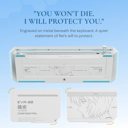 MelGeek x EVANGELION Centauri 80 Rei Edition magnetic HE gaming keyboard with Flip King of Magnetic White switches and a 326 PPI OLED touchscreen