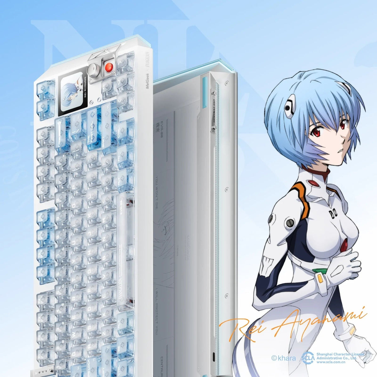 MelGeek x EVANGELION Centauri 80 Rei Edition magnetic HE gaming keyboard with Flip King of Magnetic White switches and a 326 PPI OLED touchscreen