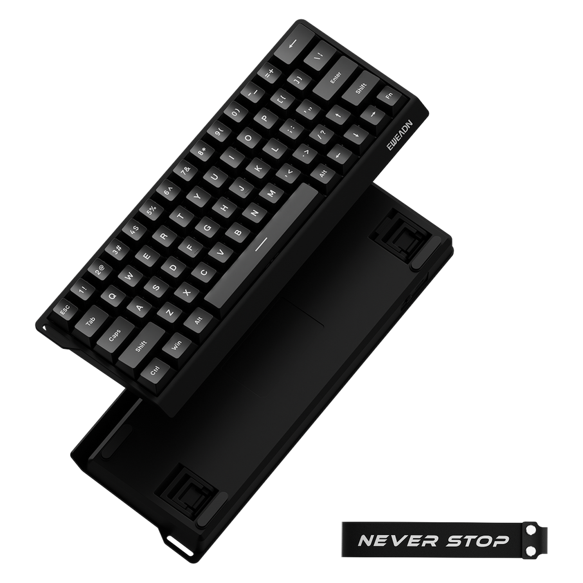 EWEADN DK63 STAR black keyboard opened flat showing the underside and the decorative strap