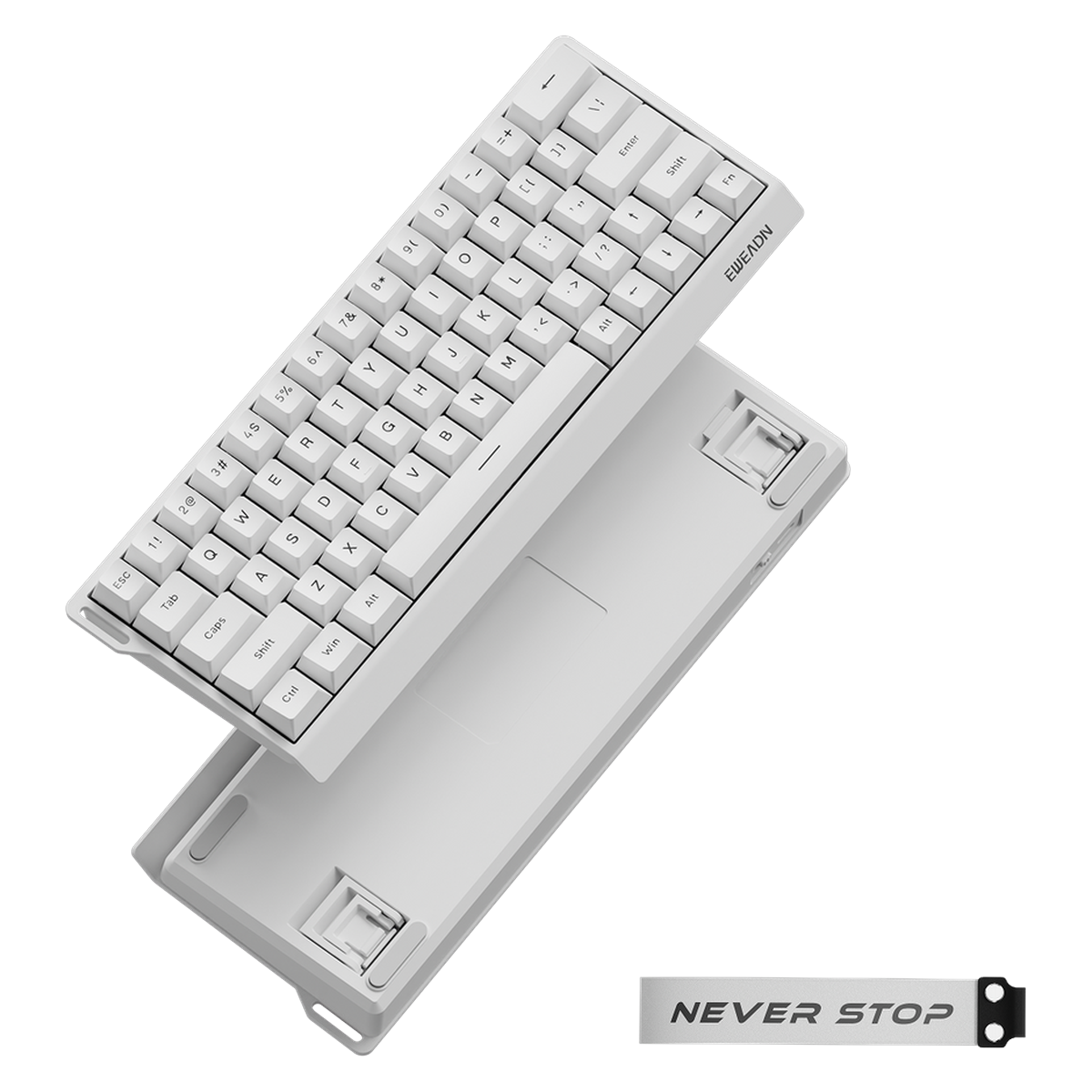EWEADN DK63 STAR white keyboard opened flat showing the underside and the decorative strap