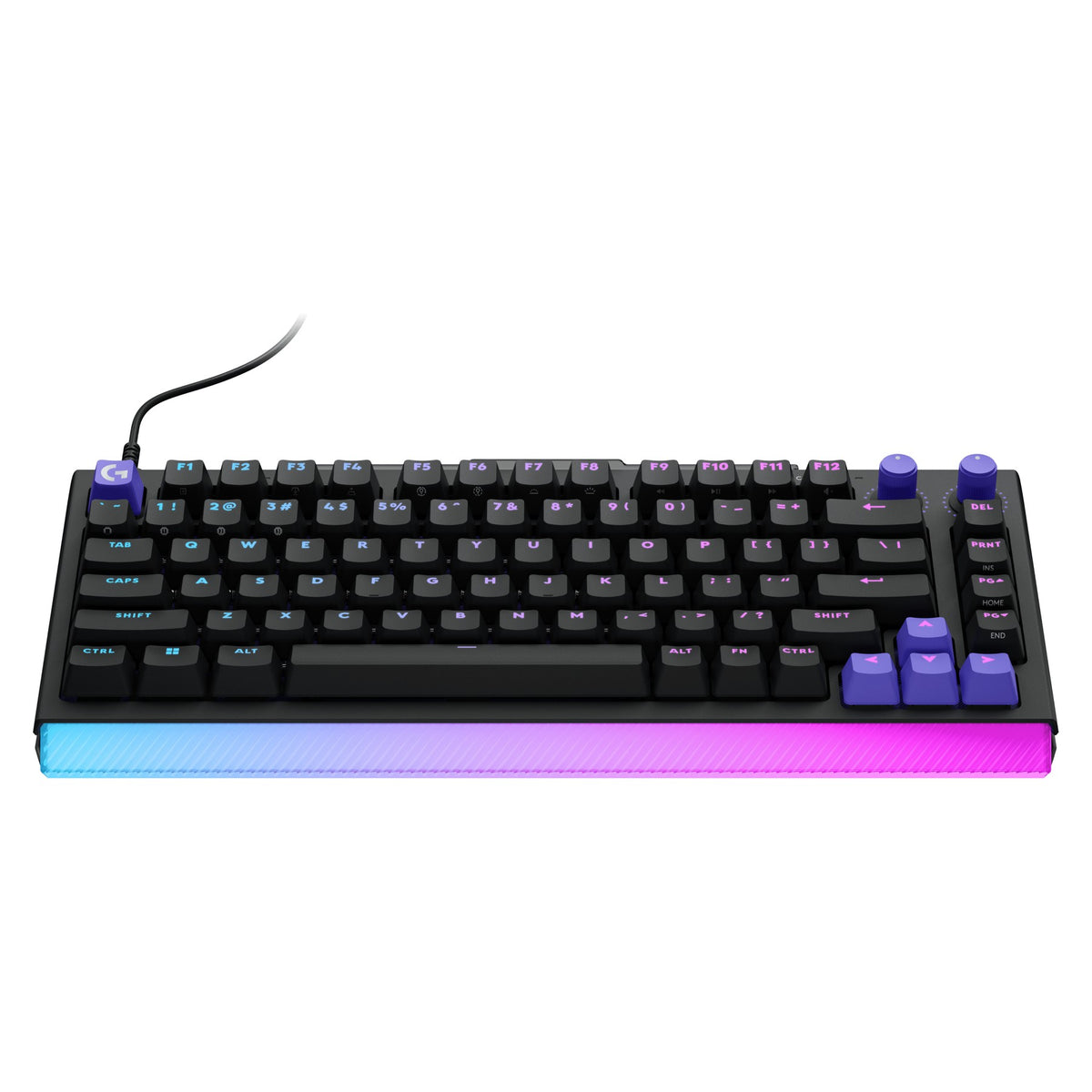 Logitech G512 X 75 black keyboard, typing angle with RGB backlighting lit
