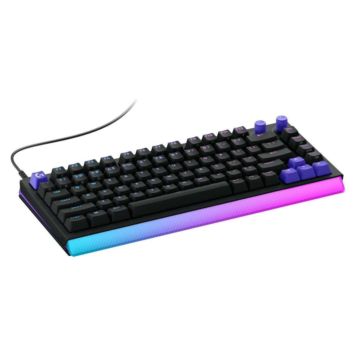Logitech G512 X 75 black, three quarter angle showing the front lightbar