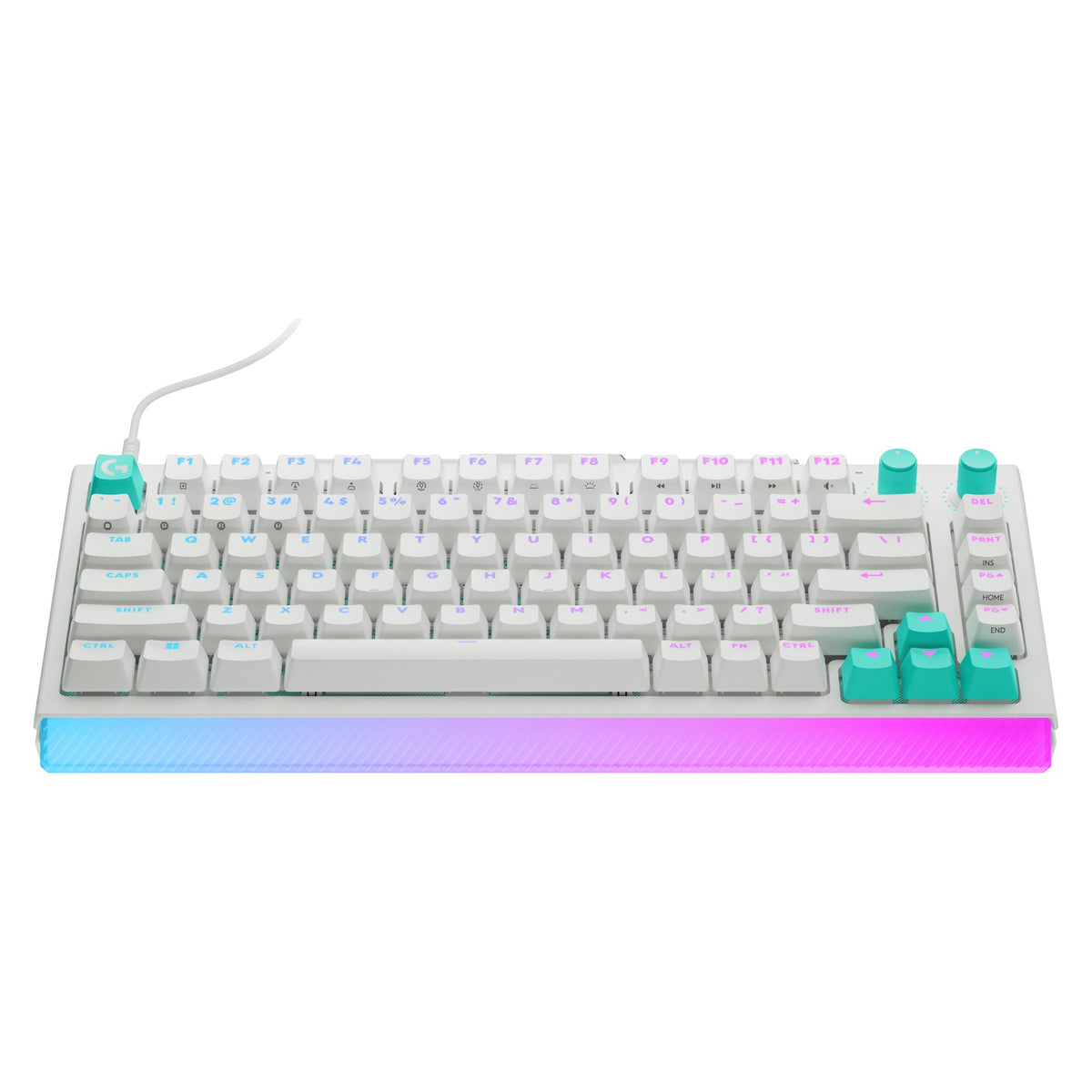 Logitech G512 X 75 white keyboard, typing angle with RGB backlighting lit