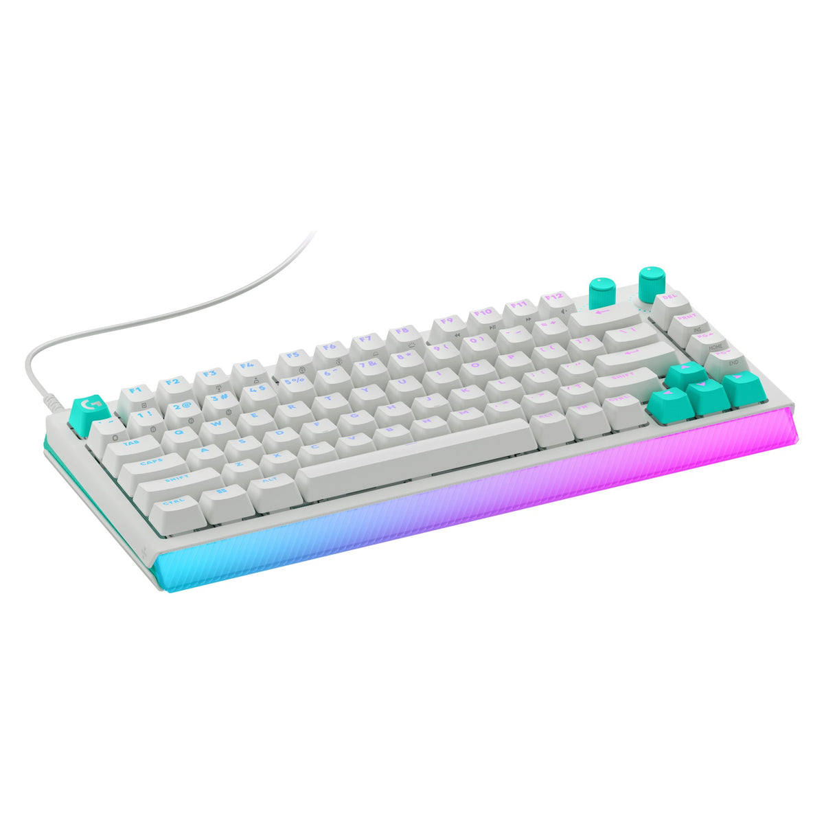 Logitech G512 X 75 white, three quarter angle showing the front lightbar