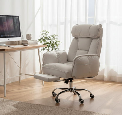 ERGOWAVE L1 reclining office chair in light grey, front three-quarter view with the padded footrest extended