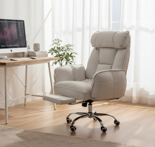 ERGOWAVE L1 reclining office chair in light grey, front three-quarter view with the padded footrest extended