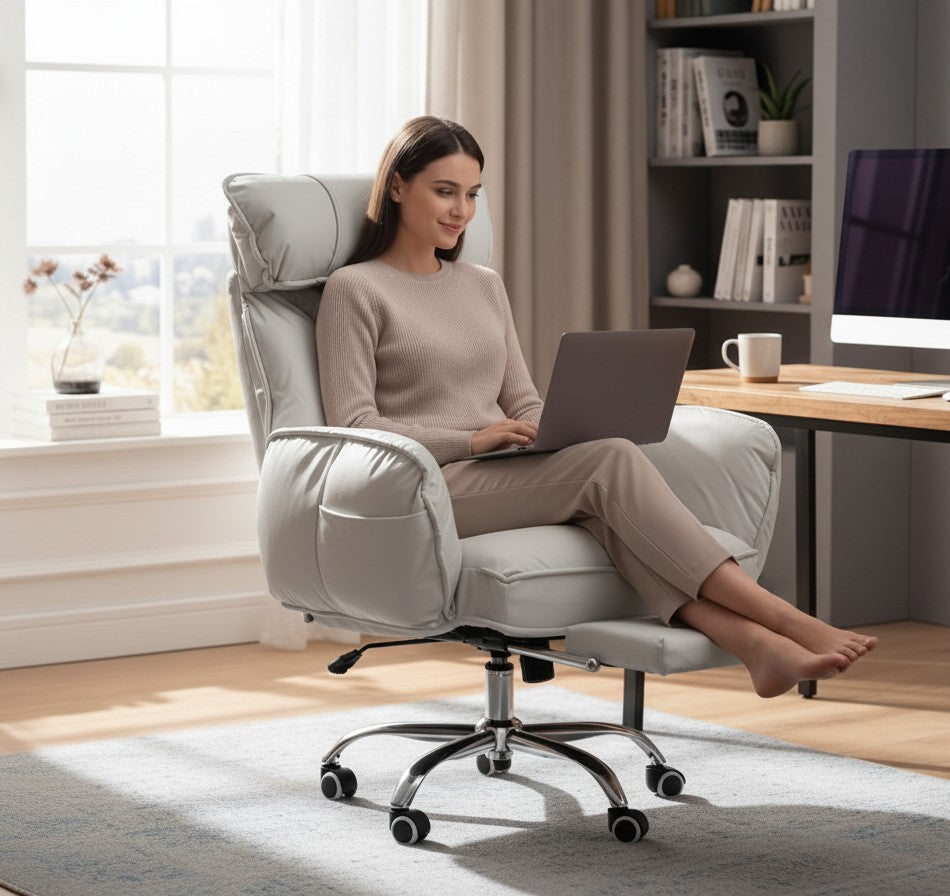 ERGOWAVE L1 being used with a laptop, footrest extended