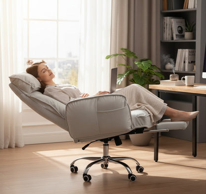 ERGOWAVE L1 reclined almost flat with the footrest out, viewed from the side