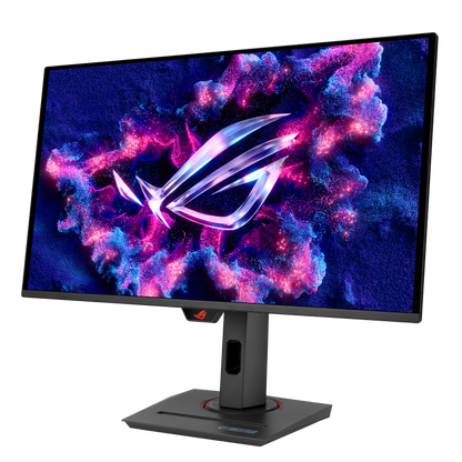 ASUS ROG Strix OLED XG27ACDNG gaming monitor angled to the left, screen on