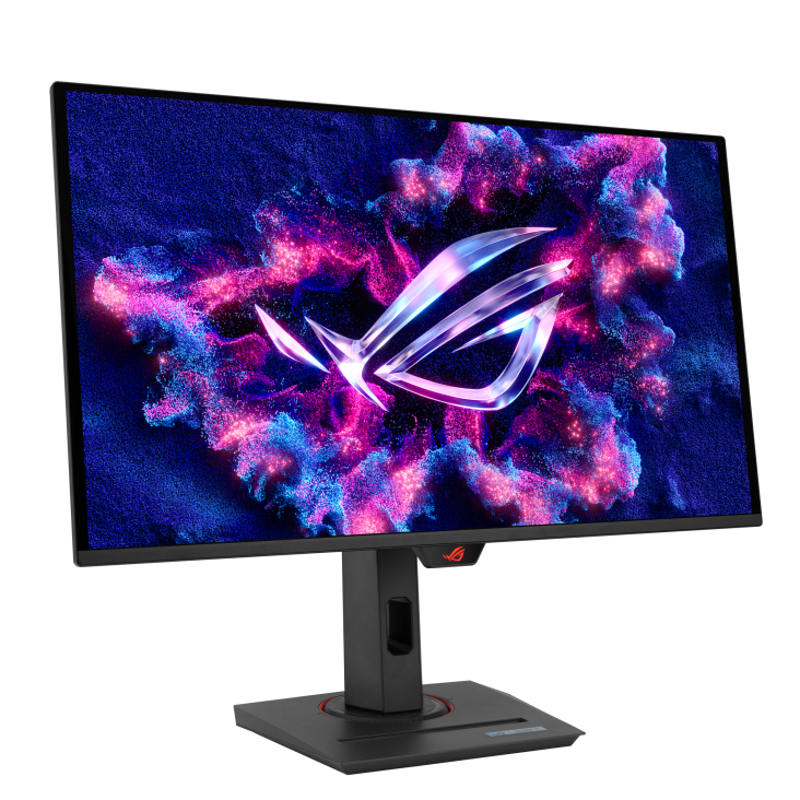 ASUS ROG Strix OLED XG27ACDNG gaming monitor angled to the right, screen on
