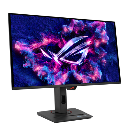 ASUS ROG Strix OLED XG27ACDNG gaming monitor angled to the right, screen on