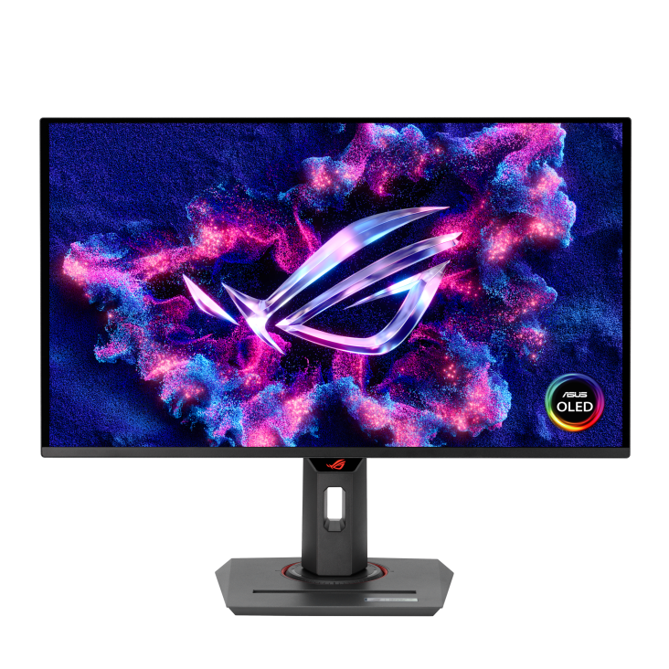 ASUS ROG Strix OLED XG27ACDNG gaming monitor, front view with the screen on showing the ROG logo and an ASUS OLED badge