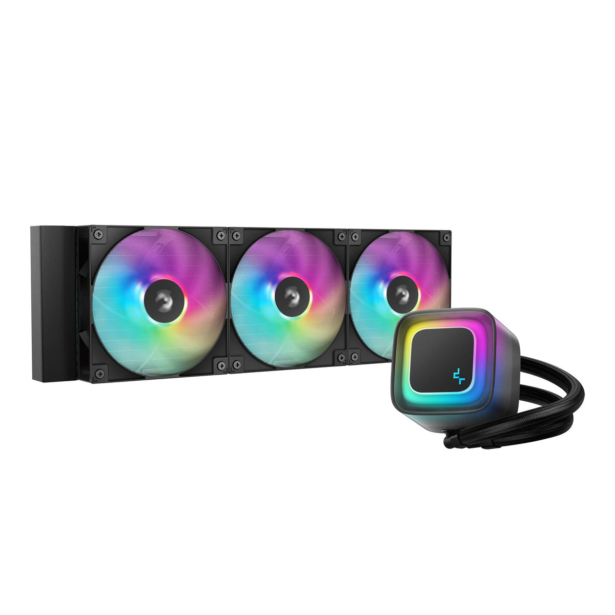 DeepCool LE360 V2 360mm liquid CPU cooler with three ARGB fans and the pump head