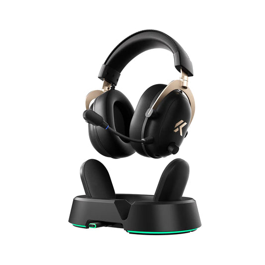 MCHOSE V9 Turbo+ Wireless RGB Gaming Headset with Magnetic Charging Station - Black Gold