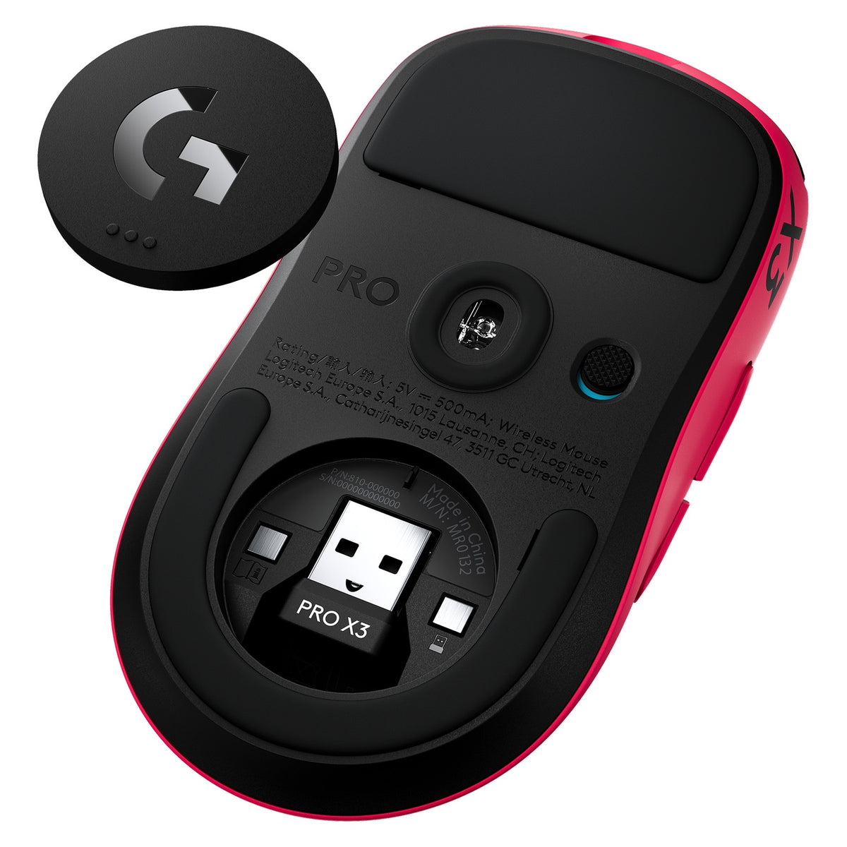 Logitech G PRO X3 SUPERSTRIKE Pink Eclipse, underside with the POWERPLAY aperture door