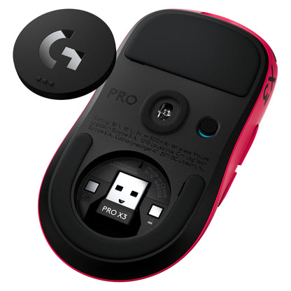 Logitech G PRO X3 SUPERSTRIKE Pink Eclipse, underside with the POWERPLAY aperture door