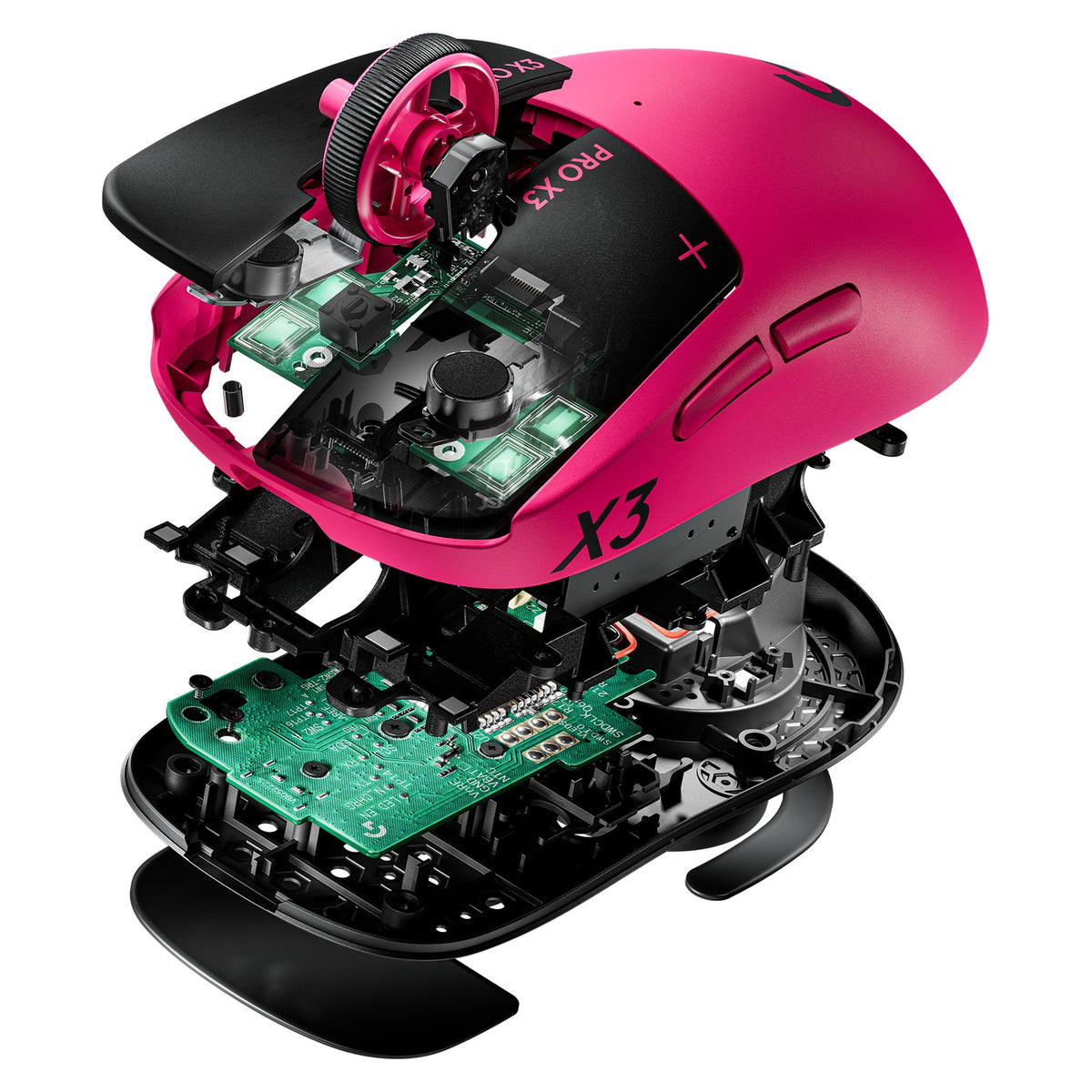 Logitech G PRO X3 SUPERSTRIKE Pink Eclipse, exploded view of the internals