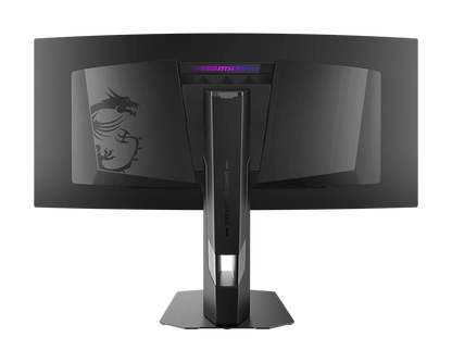 MSI MPG 341CQR QD-OLED X36 curved monitor, rear view showing the back panel and stand