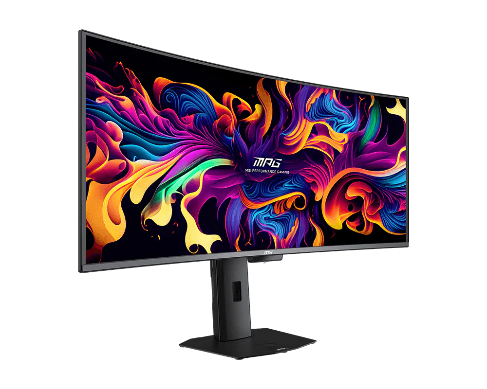 MSI MPG 341CQR QD-OLED X36 34 inch curved gaming monitor, front view with the screen on