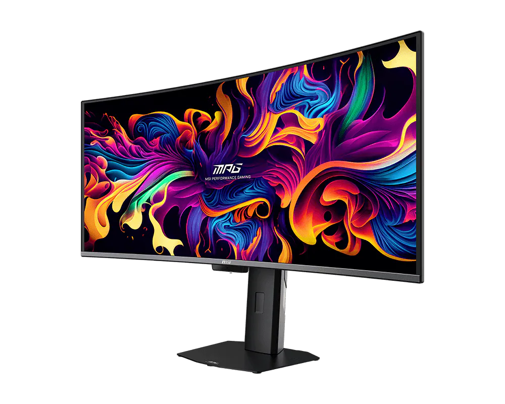 MSI MPG 341CQR QD-OLED X36 curved monitor turned to a three-quarter angle, screen on